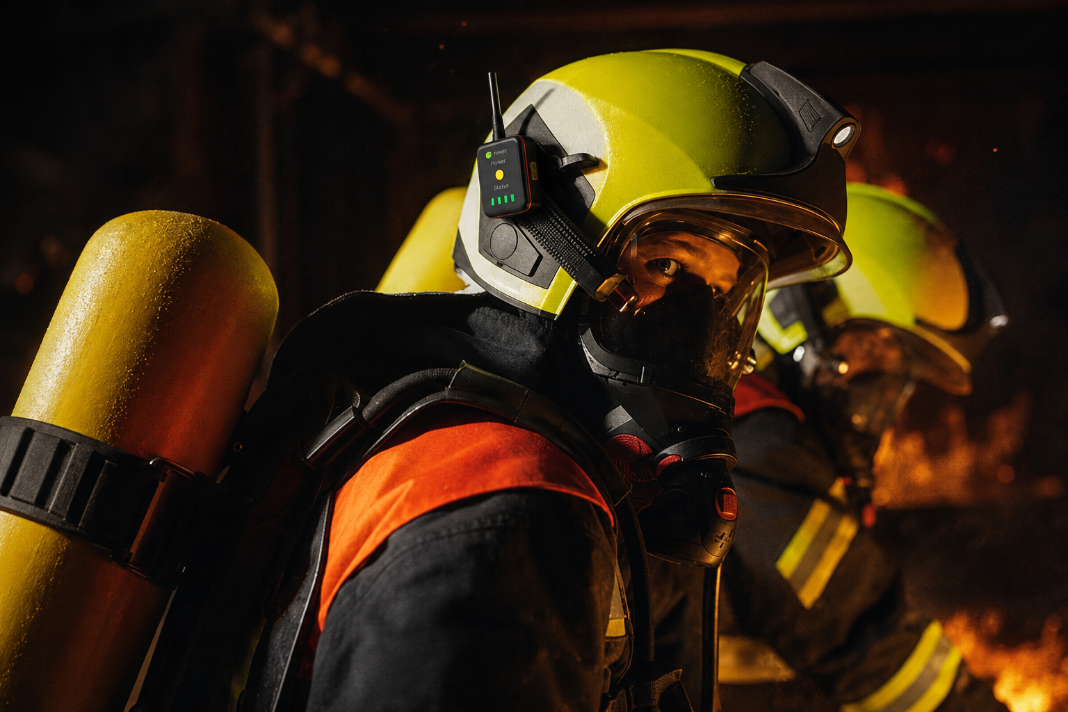 Firefighter wearing an R-BUD helmet tracker